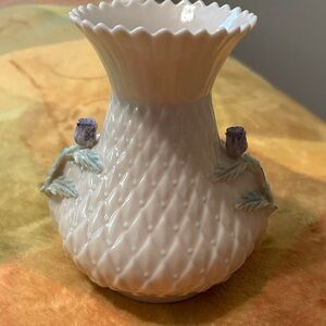 Elegant White Ceramic Vase with Purple Accents , Belleek, Ireland Porcelain